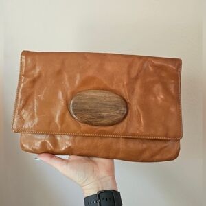 Vintage Tan Leather Fold-Over Clutch with Wood Accent